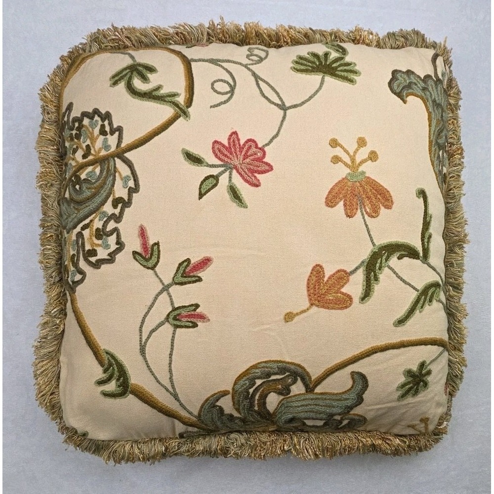 Crewel Embroidered Pillow Fringe Jacobean French 20"‎ X 20" Handmade Decorator